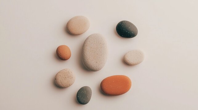 A collection of seven pebbles in various colors and sizes, arranged in a circular pattern on a white background.