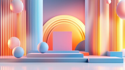 A 3D rendering of a colorful stage with a pink platform, blue columns, and orange and yellow lights.