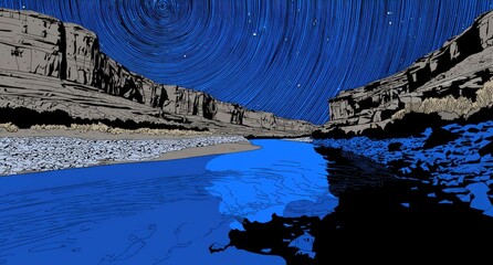 Canyon River Night Scene Dark Blue.