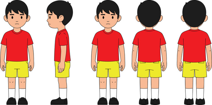 Cartoon Boy Character Illustration in Five Angles Including Front, Side, and Back Views for Animation and Design UseCartoon