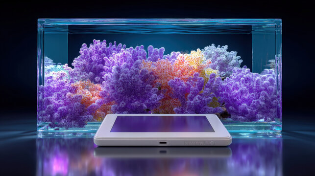 Tablet with white screen on glossy black surface beneath floating glass slab with vibrant gradient