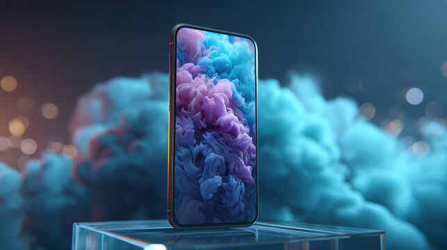 Modern smartphone with white screen on glass surface over cyan and purple gradient background