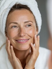happy 50s middle aged woman model touching face skin looking in mirror reflection smiling mature old lady pampering healthy moisturized skin care aging beauty skincare treatment cosmetics concept no 