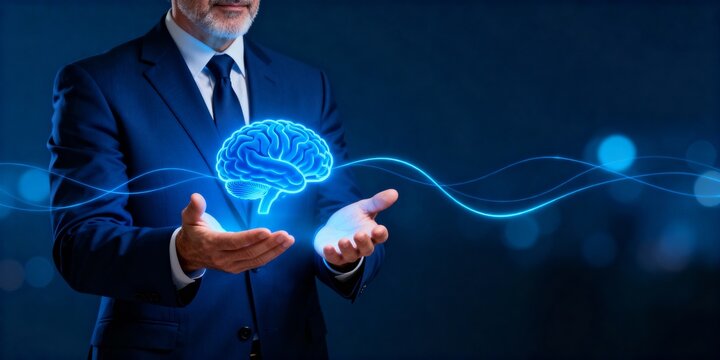 ai technology concept with glowing brain hologram in business environment