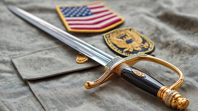 軍服の上に置かれた儀礼用の剣とアメリカ国旗のパッチ
