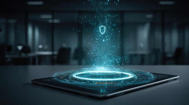Tablet projecting holographic shield and glowing security data in dark high-tech office