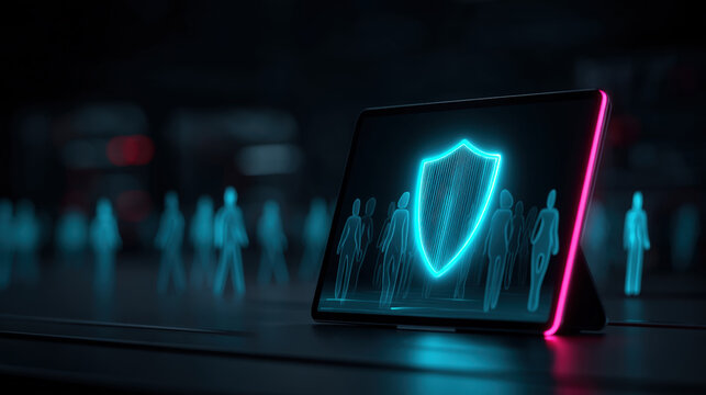 Tablet on stand projecting glowing blue shield-shaped holographic portal in dark tech room