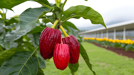 Vibrant cocoa pods hang from a lush tree, promising delicious chocolate and exotic flavors in a tropical paradise, a taste of the islands awaiting harvest