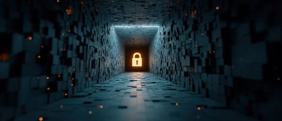 3D digital tunnel with glowing padlock symbolizing secure data endpoint