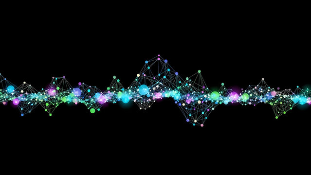 Abstract digital sound wave pattern with glowing dots and connected lines against a black background, representing data visualization. - Powered by Adobe