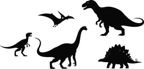 Dinosaur silhouettes, prehistoric creatures, Velociraptor, Pteranodon, Brachiosaurus, T-Rex, Stegosaurus, black vector, fossil illustration, ancient animal icons