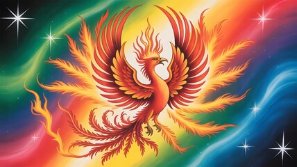 Vibrant colorful painting of a phoenix rising from flames symbolizing rebirth and immortality amidst a cosmic background of swirling colors and stars.