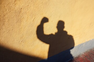 Shadow of person flexing arm cast on yellow textured wall in sunlight