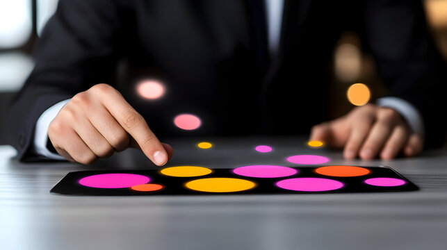 Modern business professional interacting with vibrant digital interface for innovative technology solutions and data analysis in a sleek, professional setting