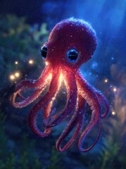 Cute Baby Octopus Glowing Underwater.