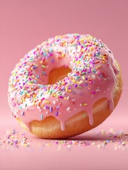 delicious pink donut with colorful sprinkles glazed icing and soft pastry texture perfect for dessert snack or bakery display in vibrant food photography