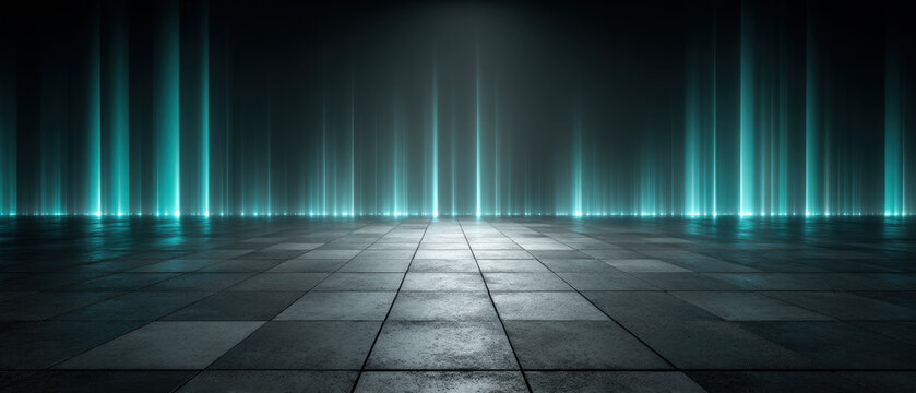 Abstract vertical light bars scanning across cyan tiled surface with blue hues