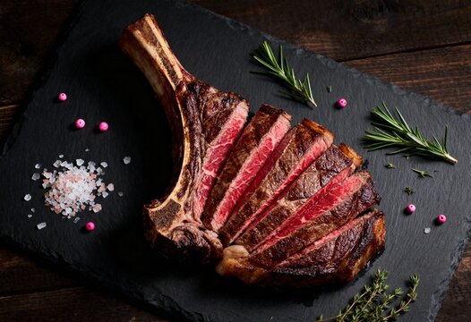premium beef steak medium rare on dark plate