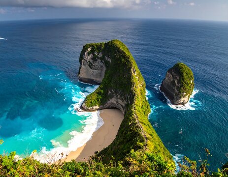 Aerial view of a stunning tropical coastline with dramatic cliffs meeting clear turquoise waters