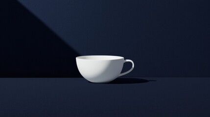 A white coffee cup sits on a dark blue surface.