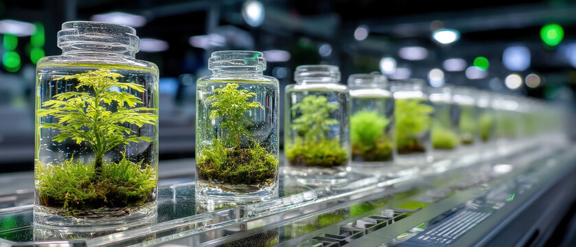 Glass cylinders with miniature trees and floating holographic globes on lab bench