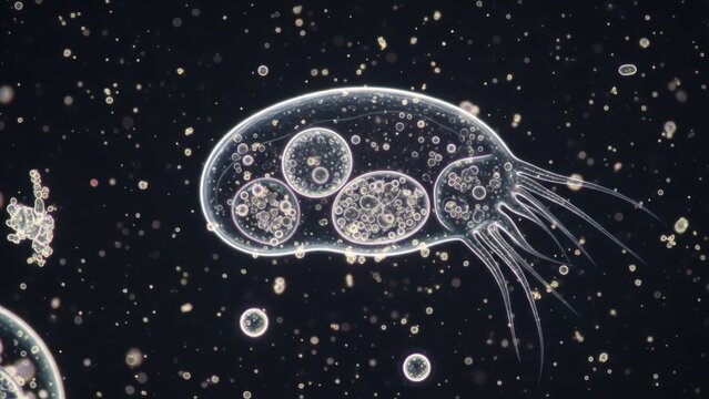 Microscopic unicellular organism, a ciliate under high magnification, with visible internal