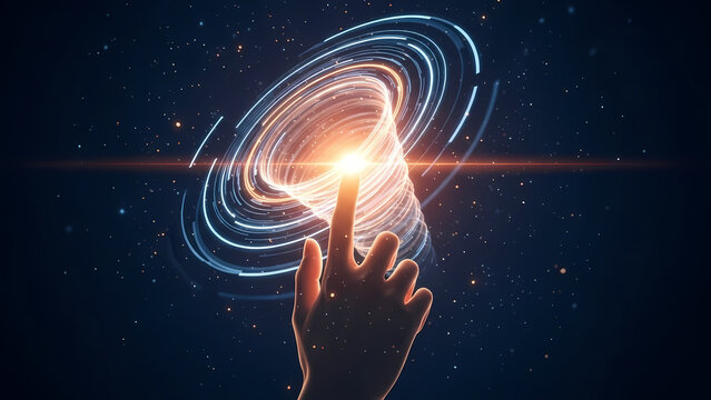A human hand interacts with a digital interface, creating a futuristic, glowing spiral in a dark, starry cosmos, symbolizing technology.