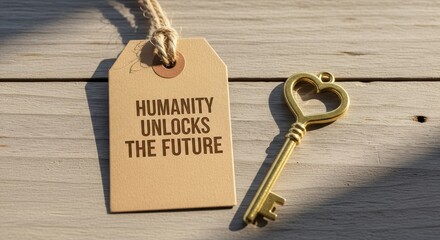 A Gold Key Beside a Message Tag About Humanity Unlocking the Future