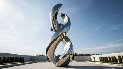 Monumental metallic sculpture against a bright blue sky, symbolizing innovation and modern design