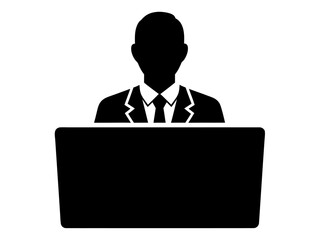 Abstract black silhouette icon depicting a businessman or office worker engaged with a laptop, symbolizing digital work, corporate tasks, and remote professionalism
