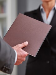 employment interview with a close up view of a female applicant handing over a file containing her curriculum vitae to the businessman conducting the interview no logos no brands ar 34
