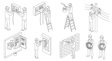 Electrical workers installing and maintaining equipment on poles and walls