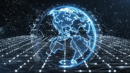 Abstract glowing blue digital earth globe with network connections and data flow in dark space - Powered by Adobe