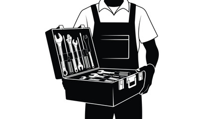 A worker holding an open toolbox filled with various hand tools