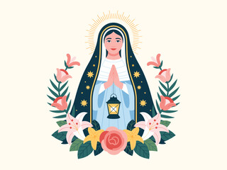Virgin Mary Illustration with Floral Frame and Lantern, Religious Iconography, Mother of God, Catholic Art, Immaculate Conception, Vector Graphic