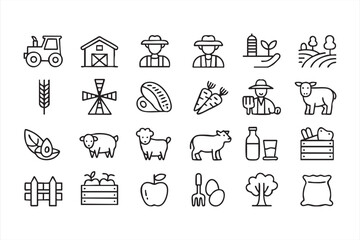 Farm resource icons for livestock care, vegetable harvest, and agricultural work