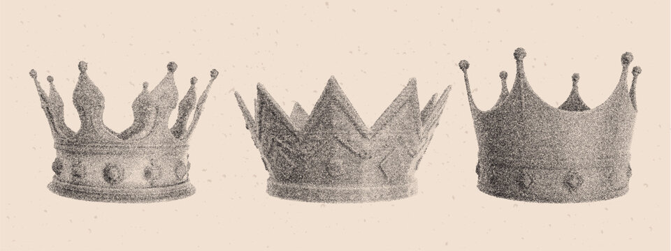 Grunge crown with retro photocopy effect. Stippled elements set with halftone dots and distressed texture