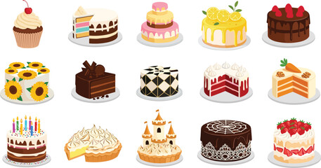 Whimsical Cake and Pastry Illustration Featuring Fifteen Unique Designs for Baking, Celebration, Dessert, and Culinary Inspiration