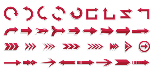 A bold and modern collection of 24 red vector arrow icons for web, UI/UX, and graphic design. Includes diverse directional signs, pointers, chevrons, and curved symbols for navigation, next, back, dow
