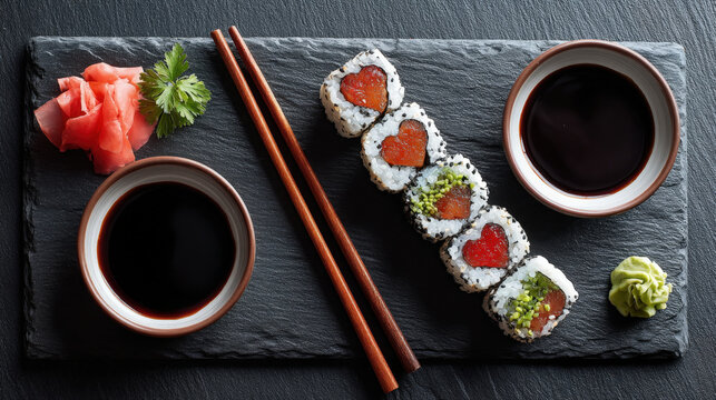 Romantic sushi dinner for two with heart-shaped rolls on dark slate board