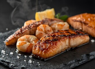 Premium Studio Shot of Perfectly Seared Grilled Seafood Platter – Salmon, Scallops, and Shrimp on Dark Slate