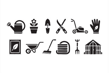 Lawn and garden care icons for trimming, raking, watering, and potting tasks