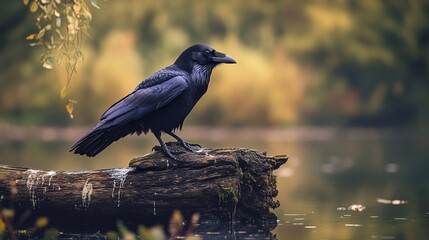 Obraz premium Common raven perched on a log in natural forest habitat, wild bird close-up