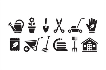 Solid landscaping icons for garden tools, lawn equipment, and outdoor upkeep