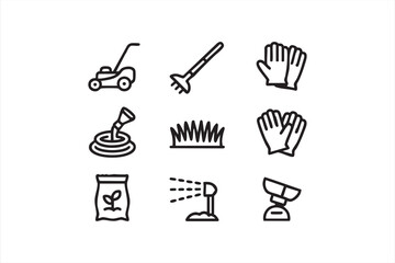 Grass care and garden tool icons for mowing, watering, and seed application