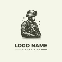 Naklejka premium Dynamic soldier in tactical gear vector logo illustration, a meticulously crafted military engraving artwork suitable for branding