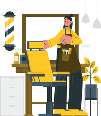 Stylist Posing Next to Barber Chair in Hair Salon with Accessories