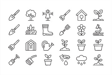 Line icon set for plant care, soil preparation, greenhouse growing, and flowers