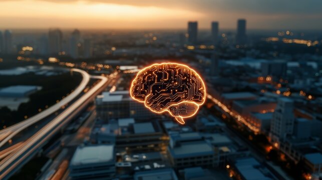 Innovative neural network animation urban cityscape digital art sunset background aerial perspective artificial intelligence visualization