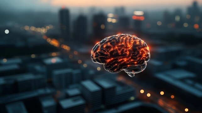 Innovative neural technology event highlights brain connectivity urban landscape graphic visuals aerial perspective future concepts